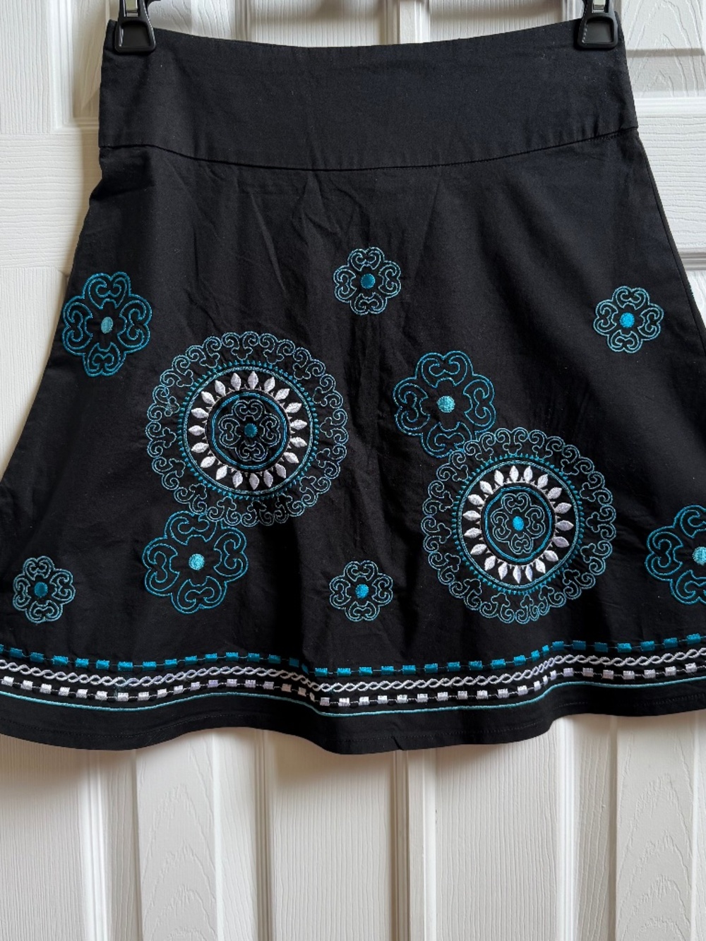 Heart Soul Embroidered Floral Mandala Boho Skirt Black Teal White